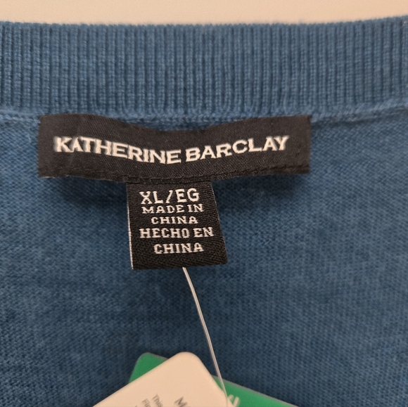 NWT, KATHERINE BARCLAY Women's Blue V-Neck Merino Wool Sweater.Size XL - Picture 3 of 11
